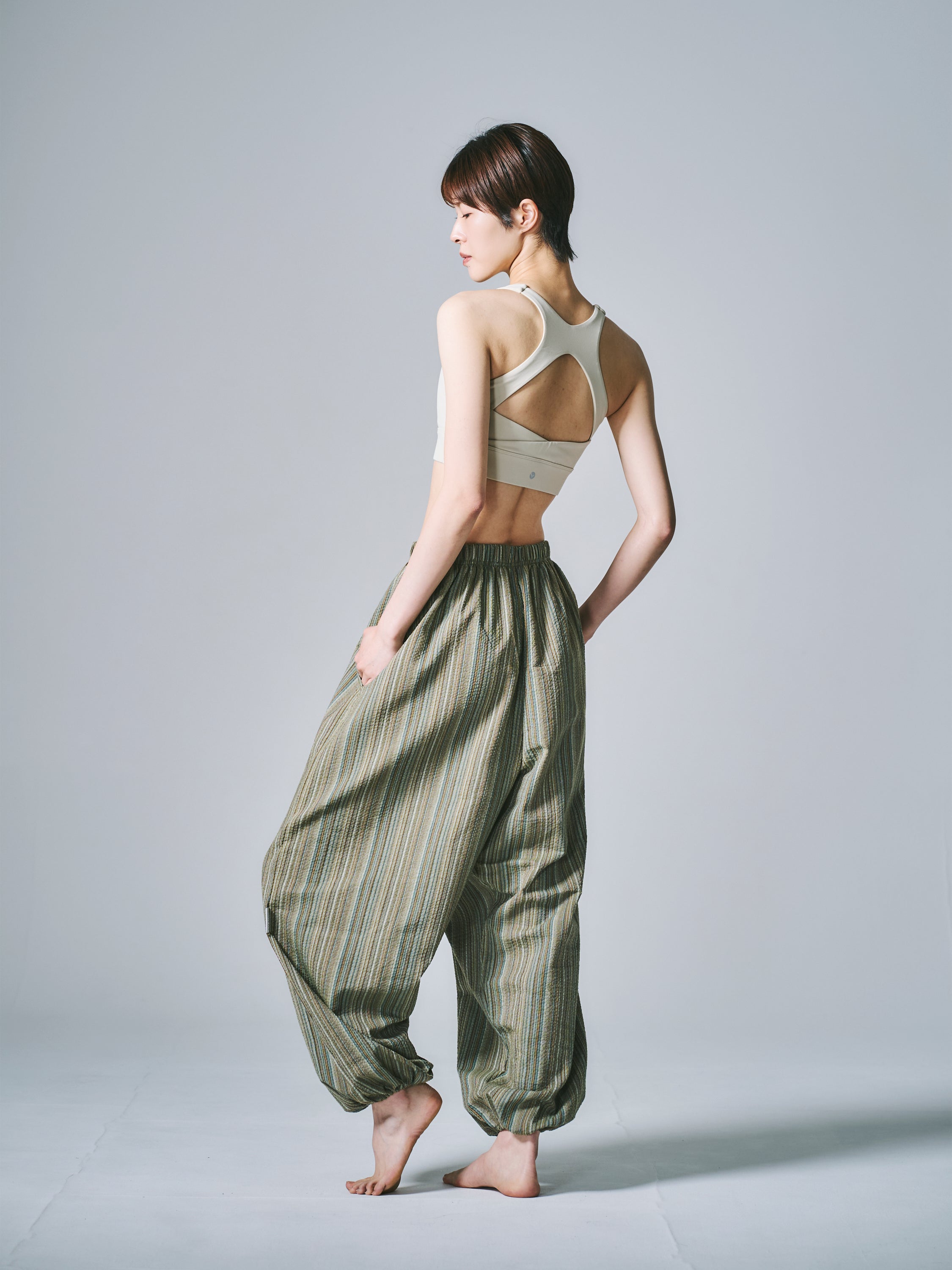 マーヤ バルーン パンツ コットン ストライプ グリーン