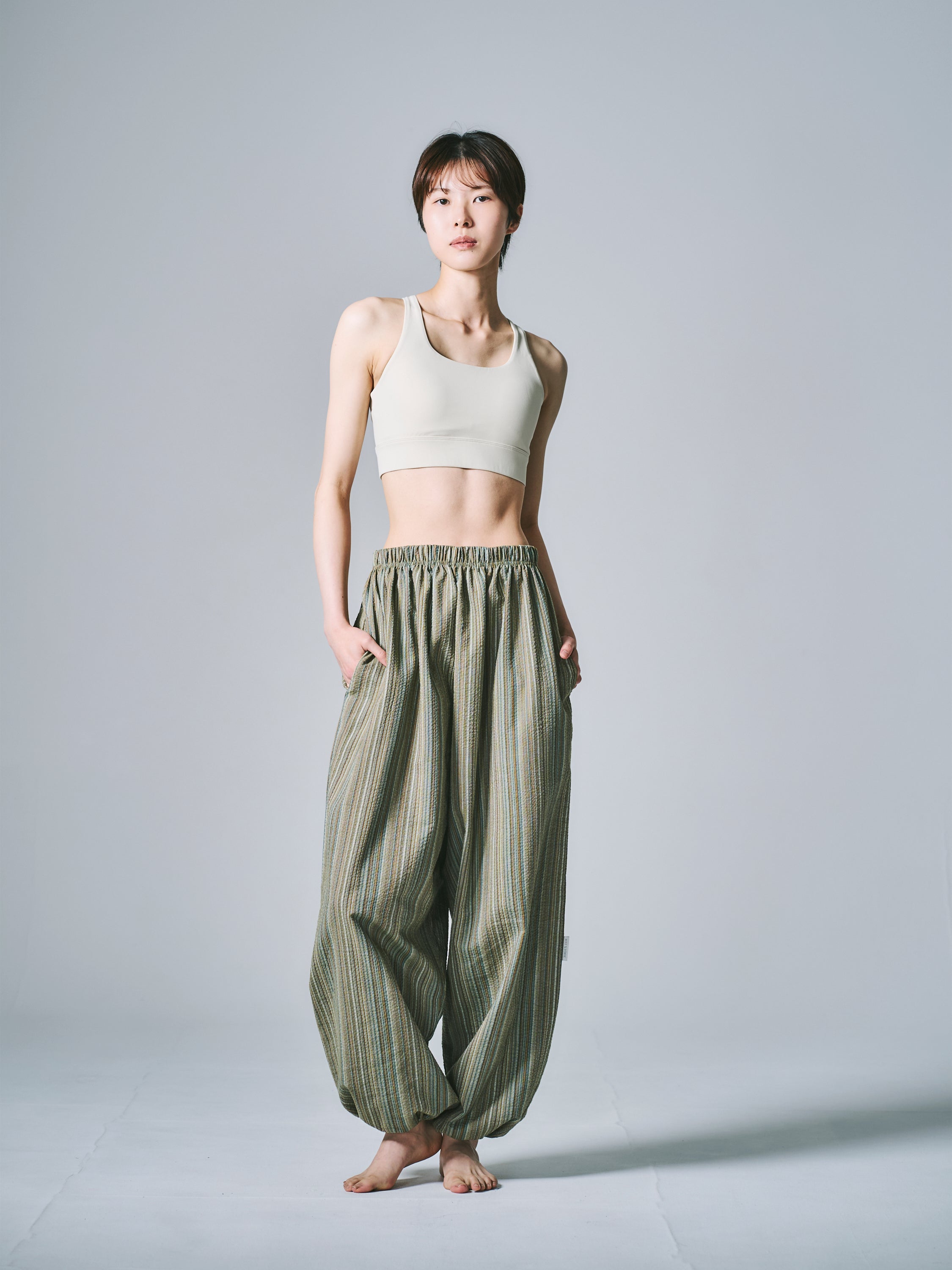 マーヤ バルーン パンツ コットン ストライプ グリーン