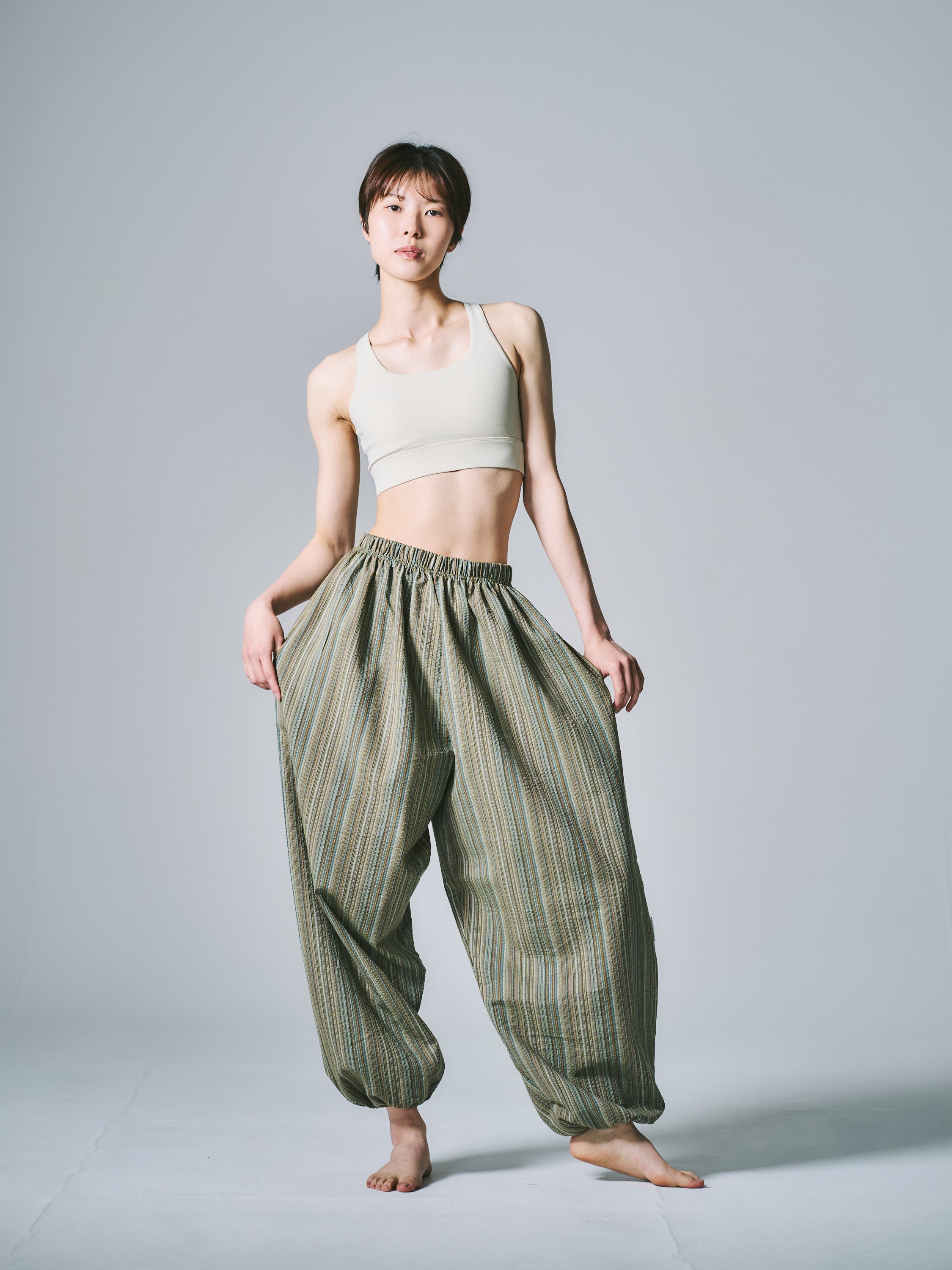 マーヤ バルーン パンツ コットン ストライプ グリーン