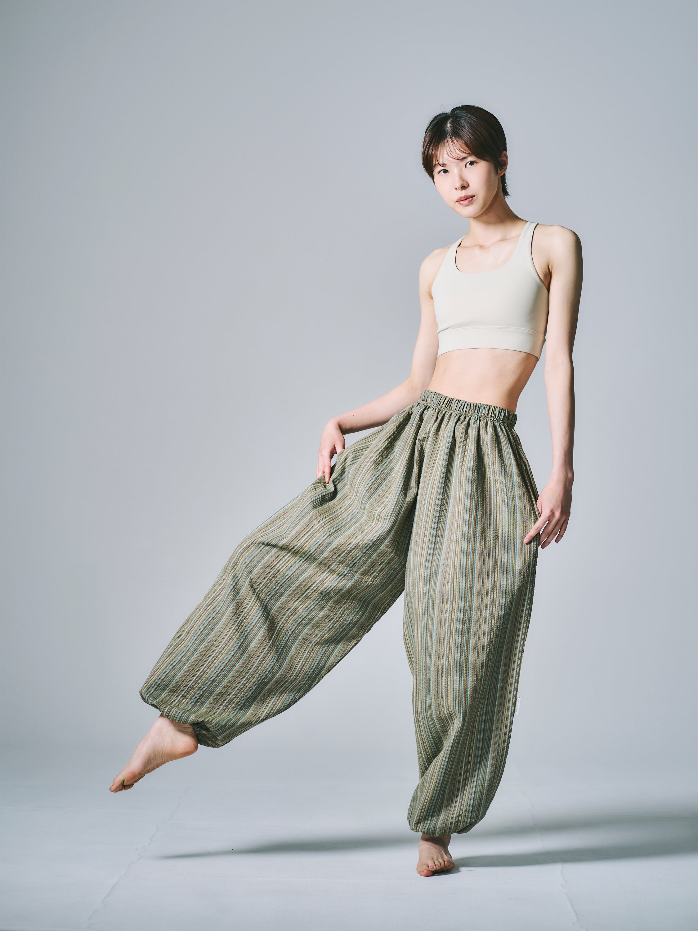 マーヤ バルーン パンツ コットン ストライプ グリーン