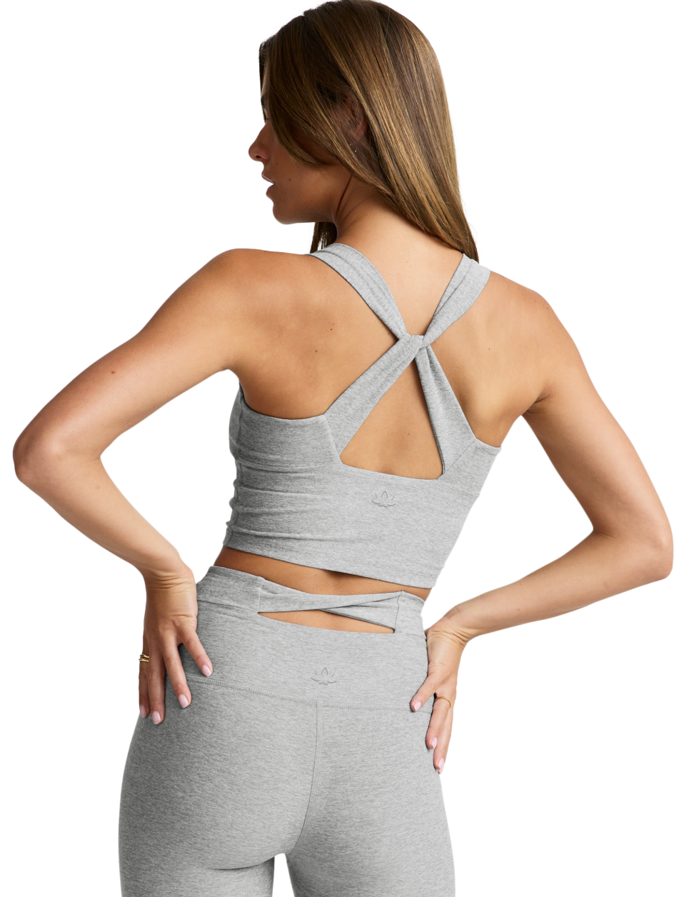 BEYOND YOGA スペースダイ ツイスト スルー クロップド タンク シルバー ミスト
