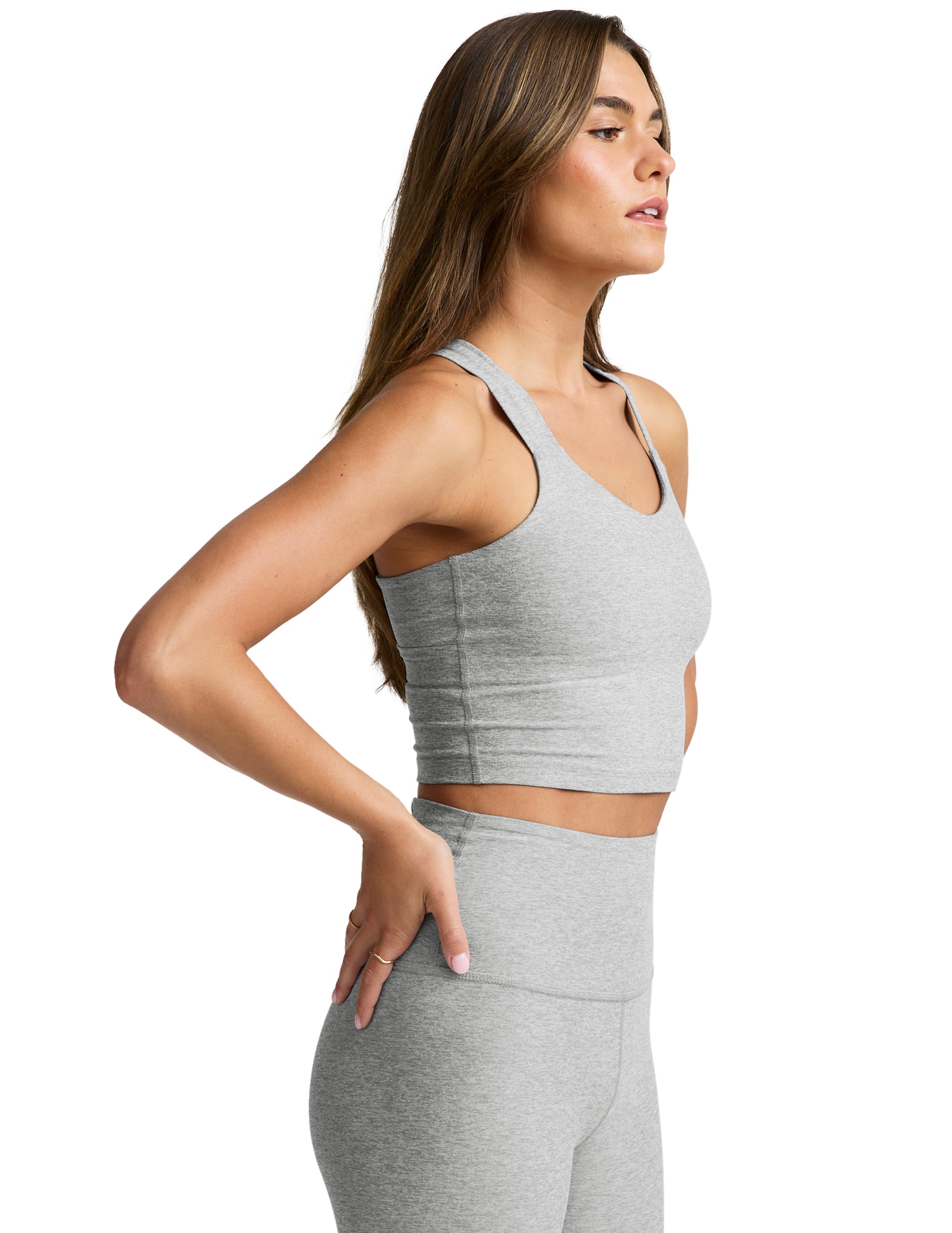 BEYOND YOGA スペースダイ ツイスト スルー クロップド タンク シルバー ミスト